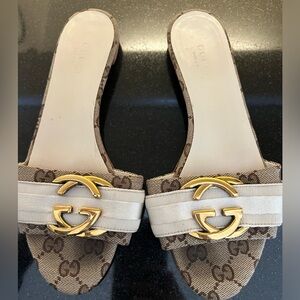 Gucci slides shoes sandals cream ivory white GG canvas gold hardware 36 6